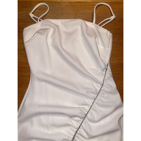 White Ruched Bodycon Mini Dress With Rhinestone Detail - Picture 2 of 5